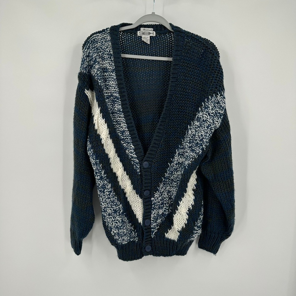Vintage Mens Hand Knit Grandpa Caridgan Sweater Size M Preppy Indie Grunge 90s